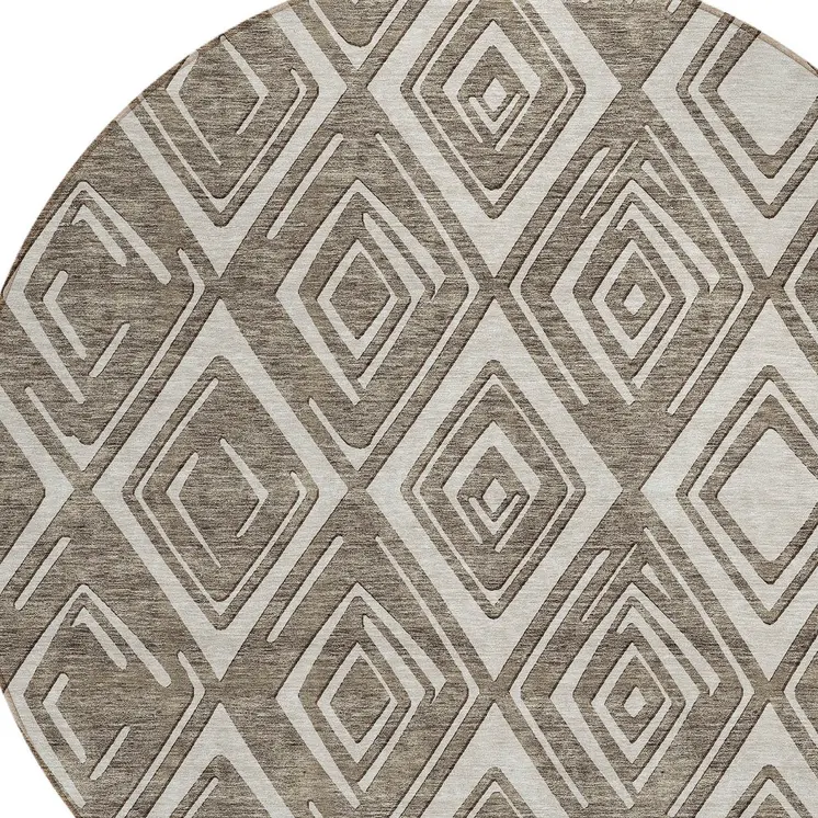 8' Taupe And Beige Round Geometric Washable Indoor Outdoor Area Rug