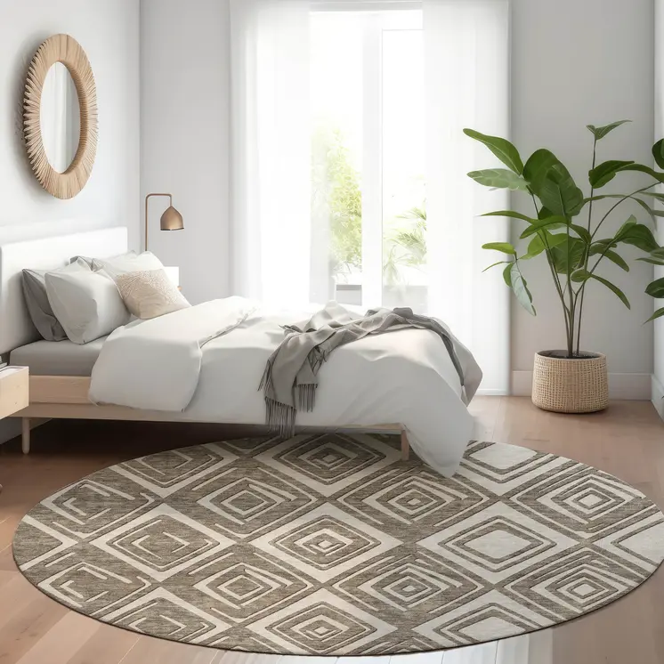 8' Taupe And Beige Round Geometric Washable Indoor Outdoor Area Rug