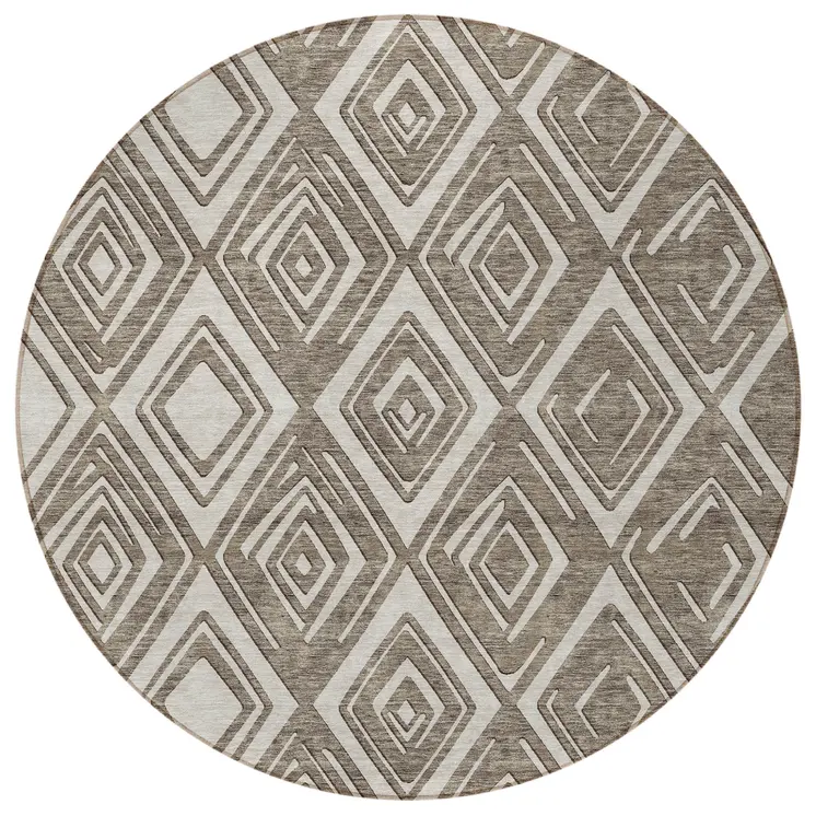 8' Taupe And Beige Round Geometric Washable Indoor Outdoor Area Rug