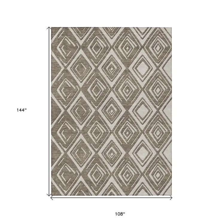 9' X 12' Taupe And Beige Geometric Washable Indoor Outdoor Area Rug