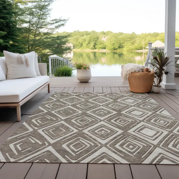 10' X 14' Taupe And Beige Geometric Washable Indoor Outdoor Area Rug