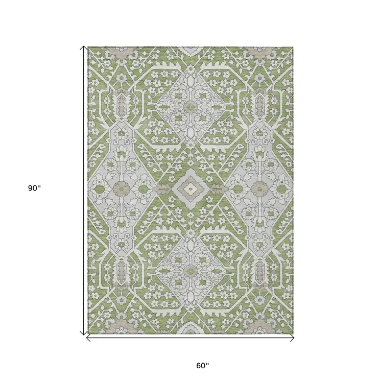 5' X 8' Artichoke Green Ivory And Gray Floral Washable Indoor Outdoor Area Rug