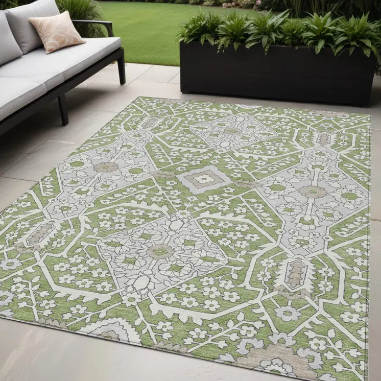 5' X 8' Artichoke Green Ivory And Gray Floral Washable Indoor Outdoor Area Rug