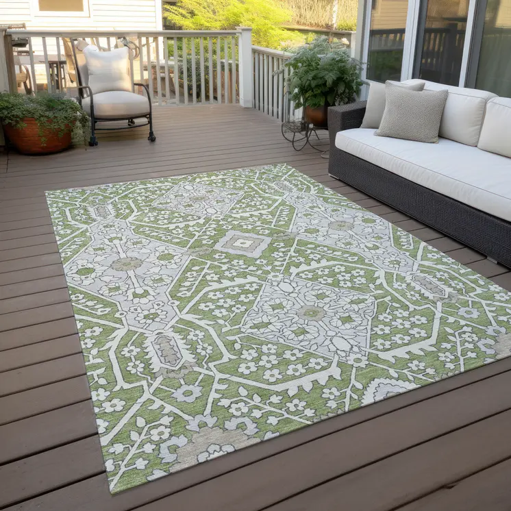 5' X 8' Artichoke Green Ivory And Gray Floral Washable Indoor Outdoor Area Rug