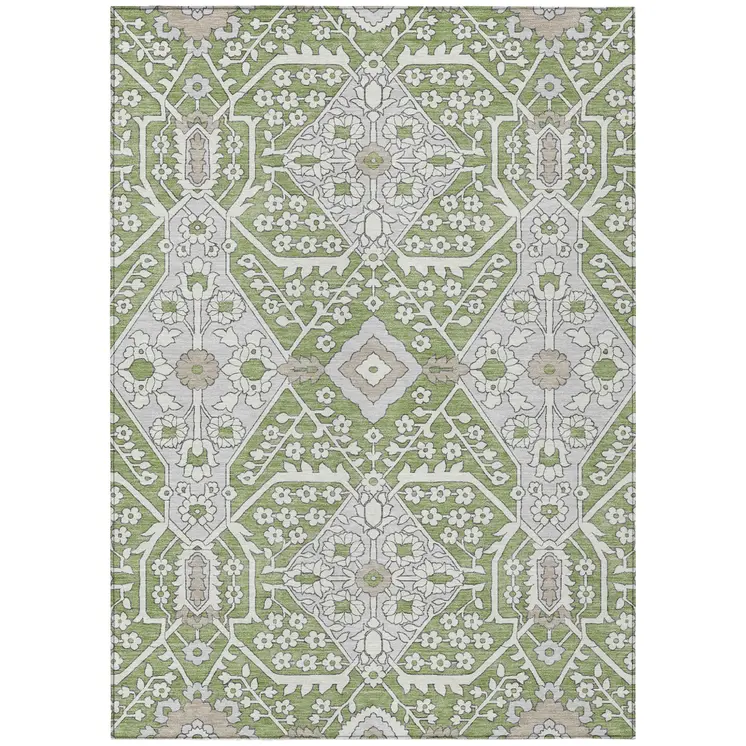 5' X 8' Artichoke Green Ivory And Gray Floral Washable Indoor Outdoor Area Rug