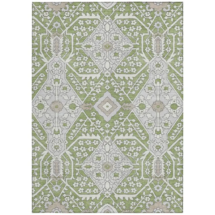 5' X 8' Artichoke Green Ivory And Gray Floral Washable Indoor Outdoor Area Rug