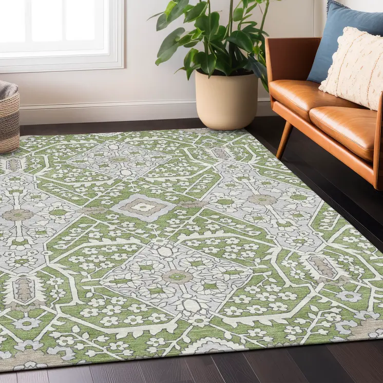5' X 8' Artichoke Green Ivory And Gray Floral Washable Indoor Outdoor Area Rug