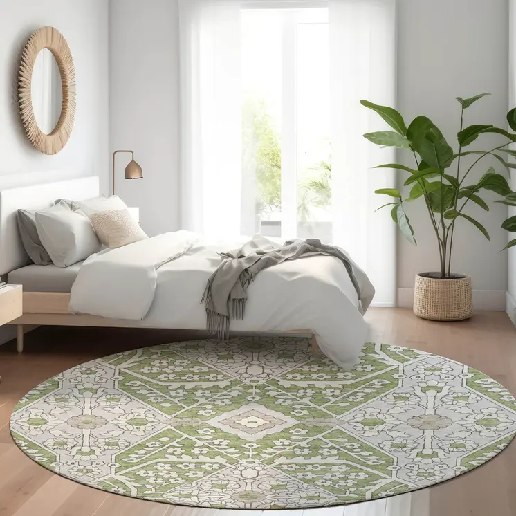 8' Artichoke Green Ivory And Gray Round Floral Washable Indoor Outdoor Area Rug