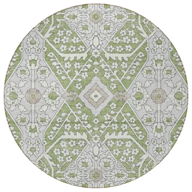 8' Artichoke Green Ivory And Gray Round Floral Washable Indoor Outdoor Area Rug