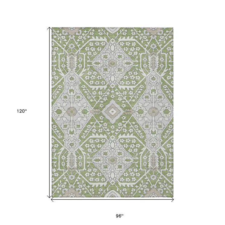 8' X 10' Artichoke Green Ivory And Gray Floral Washable Indoor Outdoor Area Rug