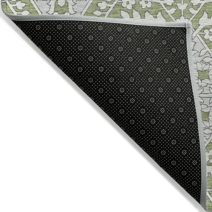 8' X 10' Artichoke Green Ivory And Gray Floral Washable Indoor Outdoor Area Rug