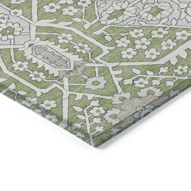 8' X 10' Artichoke Green Ivory And Gray Floral Washable Indoor Outdoor Area Rug