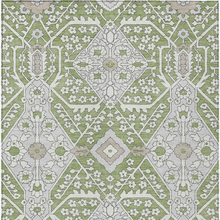 8' X 10' Artichoke Green Ivory And Gray Floral Washable Indoor Outdoor Area Rug