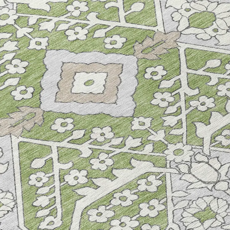8' X 10' Artichoke Green Ivory And Gray Floral Washable Indoor Outdoor Area Rug