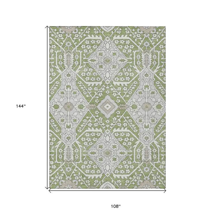 9' X 12' Artichoke Green Ivory And Gray Floral Washable Indoor Outdoor Area Rug