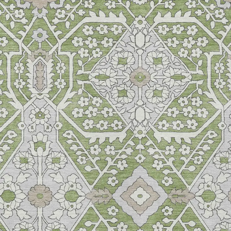 9' X 12' Artichoke Green Ivory And Gray Floral Washable Indoor Outdoor Area Rug