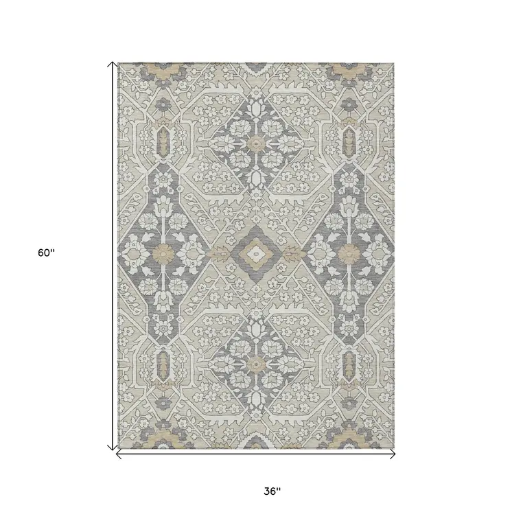 3' X 5' Beige Ivory And Gray Floral Washable Indoor Outdoor Area Rug