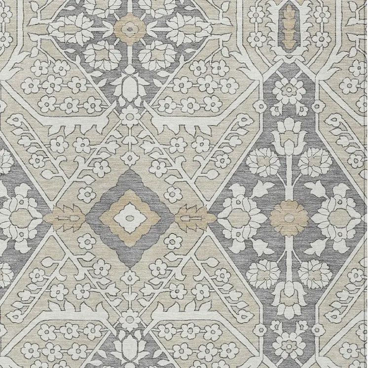 3' X 5' Beige Ivory And Gray Floral Washable Indoor Outdoor Area Rug