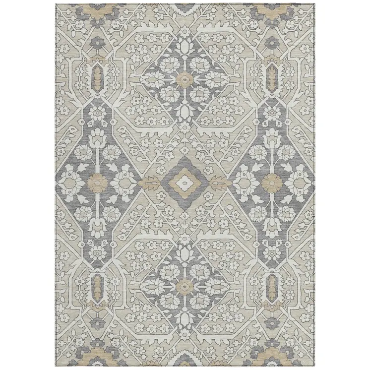 5' X 8' Beige Ivory And Gray Floral Washable Indoor Outdoor Area Rug