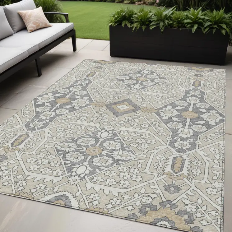 5' X 8' Beige Ivory And Gray Floral Washable Indoor Outdoor Area Rug