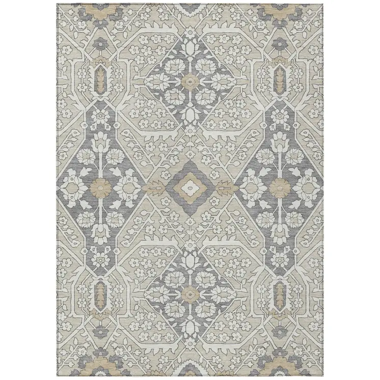 5' X 8' Beige Ivory And Gray Floral Washable Indoor Outdoor Area Rug