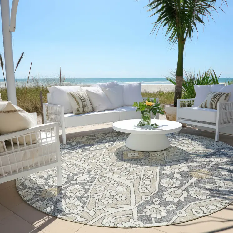 8' Beige Ivory And Gray Round Floral Washable Indoor Outdoor Area Rug