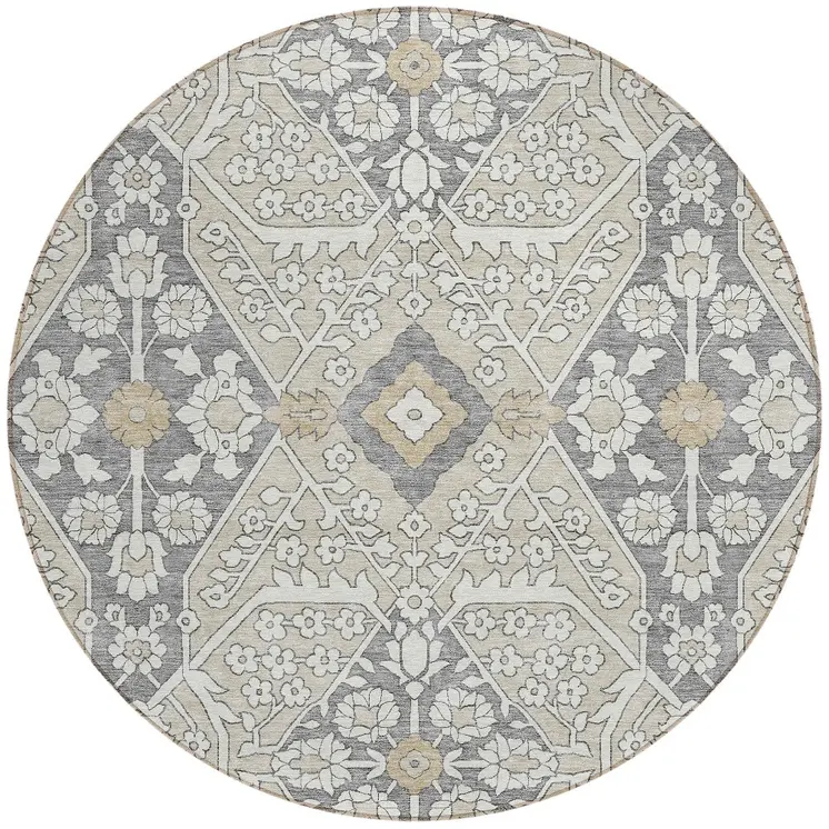 8' Beige Ivory And Gray Round Floral Washable Indoor Outdoor Area Rug