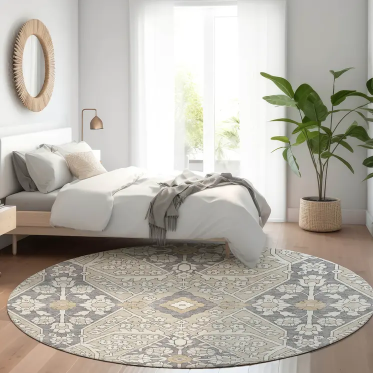8' Beige Ivory And Gray Round Floral Washable Indoor Outdoor Area Rug