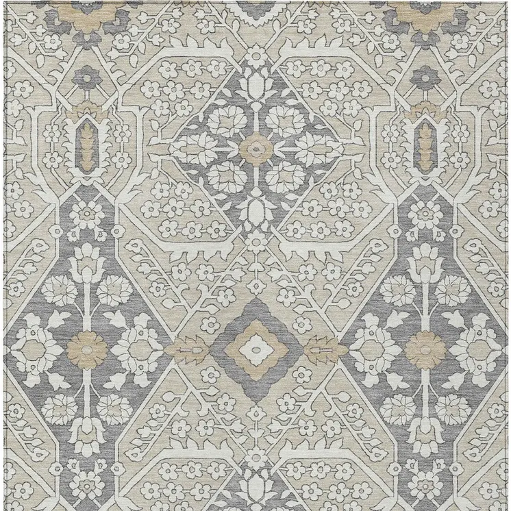 9' X 12' Beige Ivory And Gray Floral Washable Indoor Outdoor Area Rug