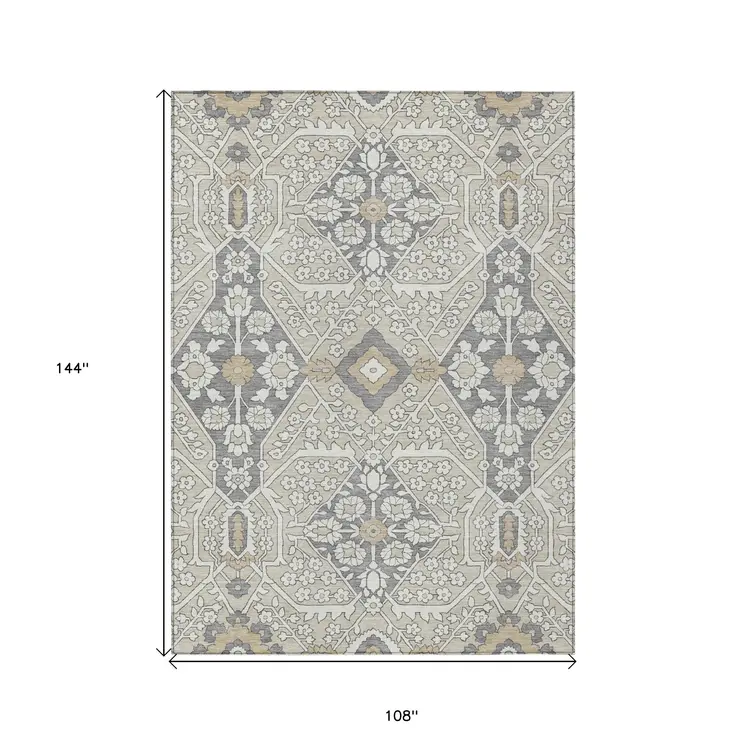 9' X 12' Beige Ivory And Gray Floral Washable Indoor Outdoor Area Rug