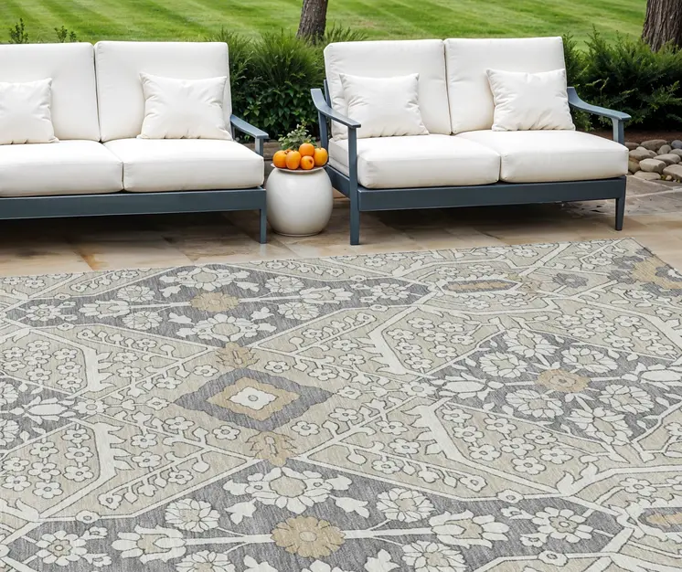 9' X 12' Beige Ivory And Gray Floral Washable Indoor Outdoor Area Rug