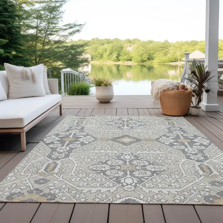 9' X 12' Beige Ivory And Gray Floral Washable Indoor Outdoor Area Rug