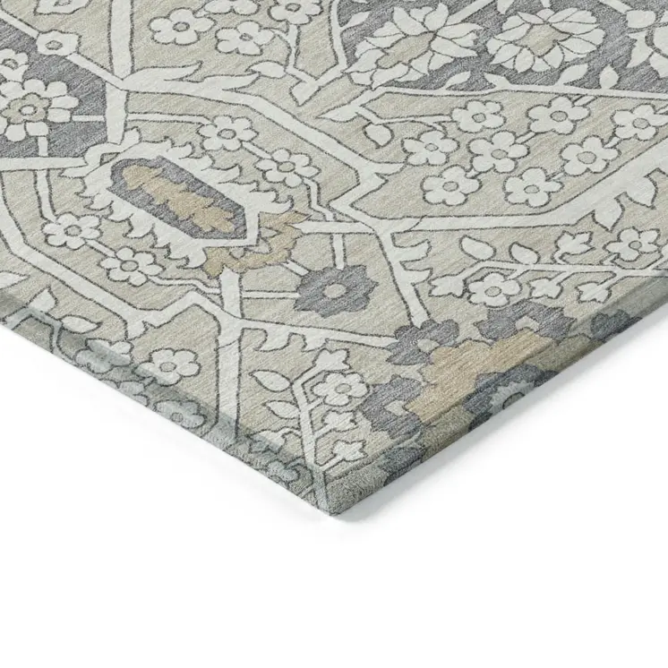9' X 12' Beige Ivory And Gray Floral Washable Indoor Outdoor Area Rug