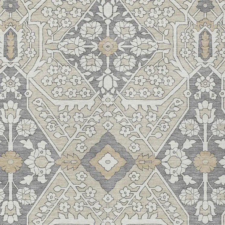 9' X 12' Beige Ivory And Gray Floral Washable Indoor Outdoor Area Rug