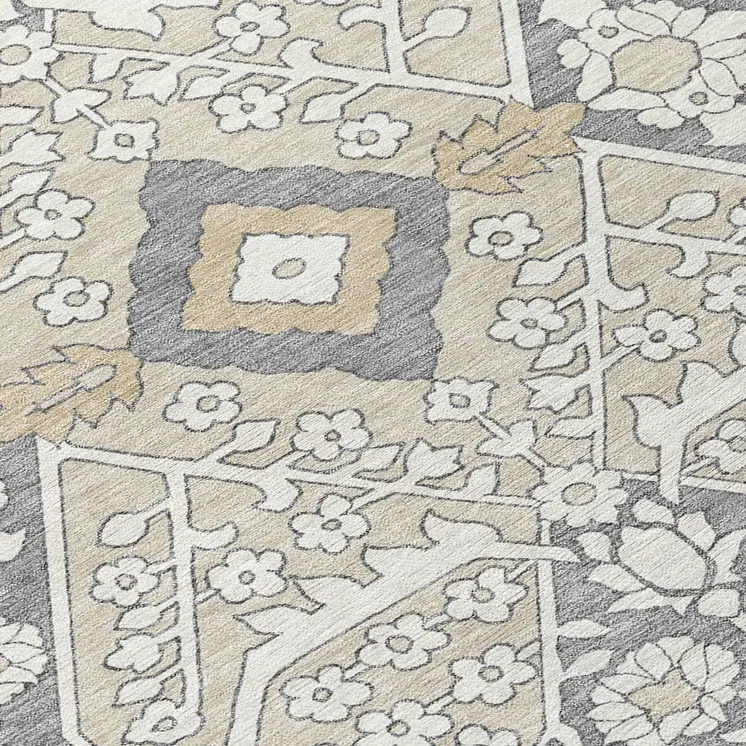 9' X 12' Beige Ivory And Gray Floral Washable Indoor Outdoor Area Rug