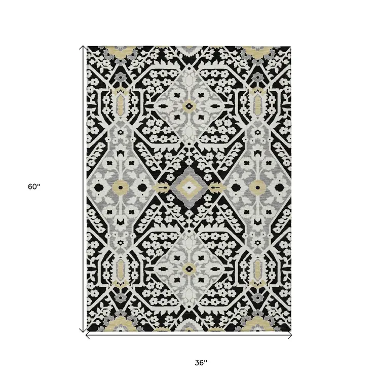 3' X 5' Black Gray And Gold Floral Washable Indoor Outdoor Area Rug
