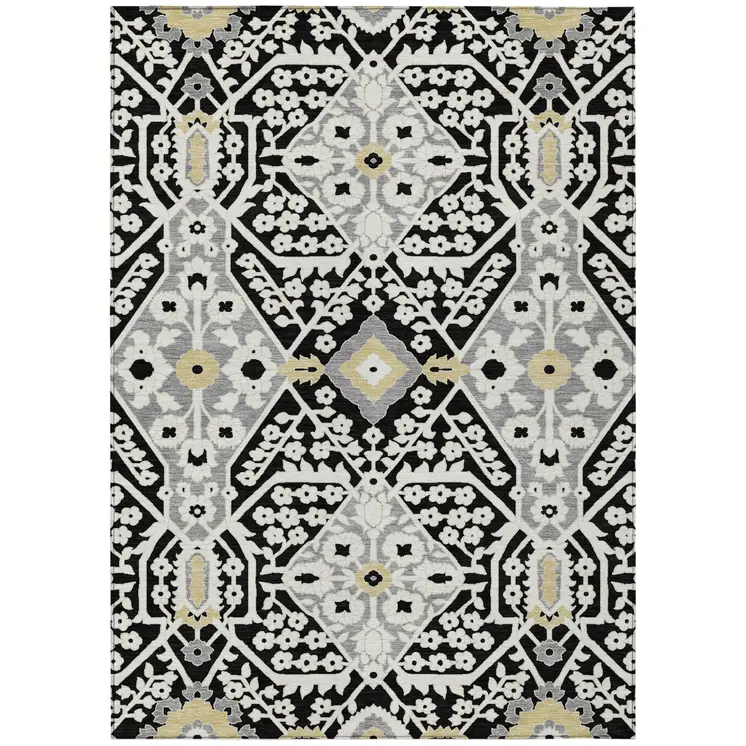 3' X 5' Black Gray And Gold Floral Washable Indoor Outdoor Area Rug