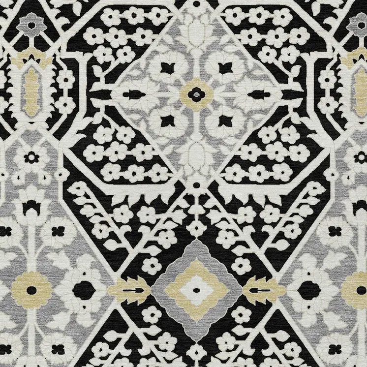 3' X 5' Black Gray And Gold Floral Washable Indoor Outdoor Area Rug