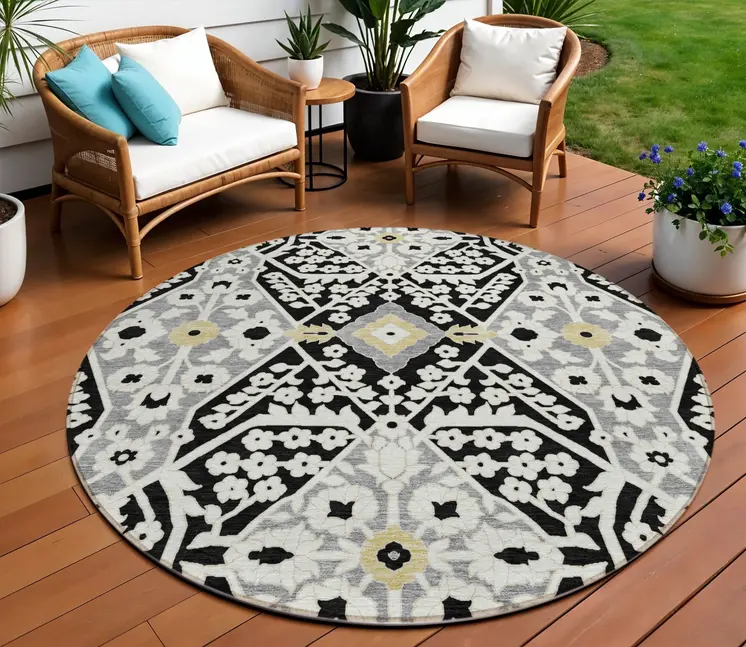 8' Black Gray And Gold Round Floral Washable Indoor Outdoor Area Rug