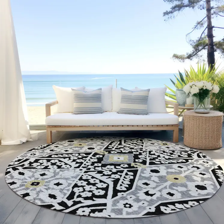 8' Black Gray And Gold Round Floral Washable Indoor Outdoor Area Rug