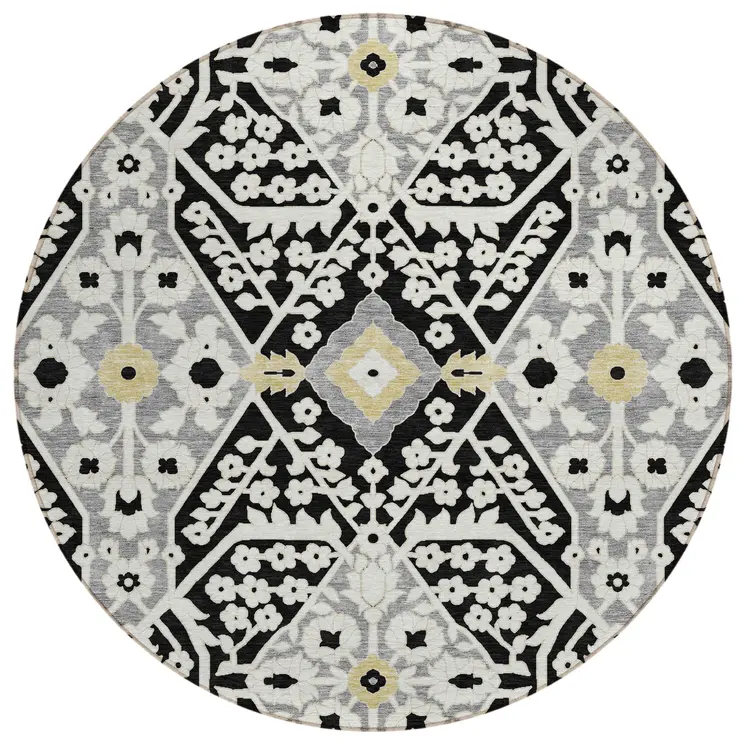 8' Black Gray And Gold Round Floral Washable Indoor Outdoor Area Rug