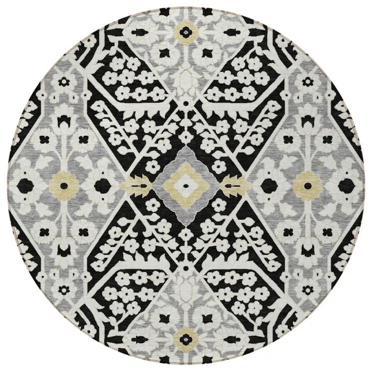 8' Black Gray And Gold Round Floral Washable Indoor Outdoor Area Rug