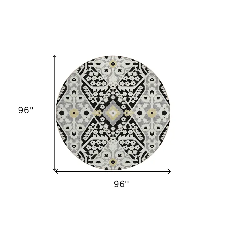 8' Black Gray And Gold Round Floral Washable Indoor Outdoor Area Rug