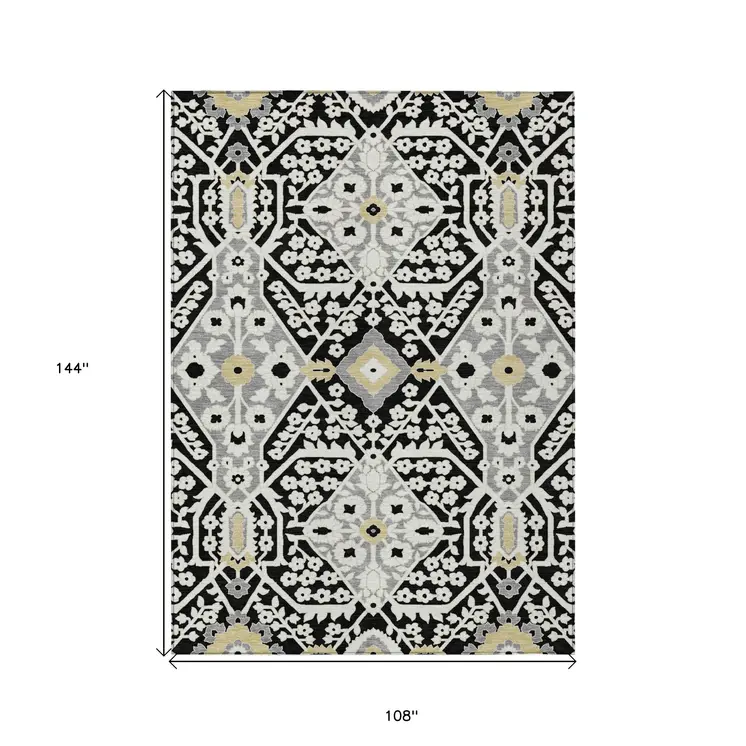9' X 12' Black Gray And Gold Floral Washable Indoor Outdoor Area Rug