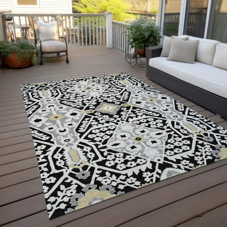 9' X 12' Black Gray And Gold Floral Washable Indoor Outdoor Area Rug