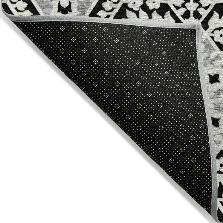 9' X 12' Black Gray And Gold Floral Washable Indoor Outdoor Area Rug