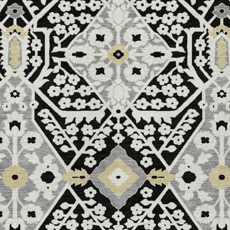 9' X 12' Black Gray And Gold Floral Washable Indoor Outdoor Area Rug