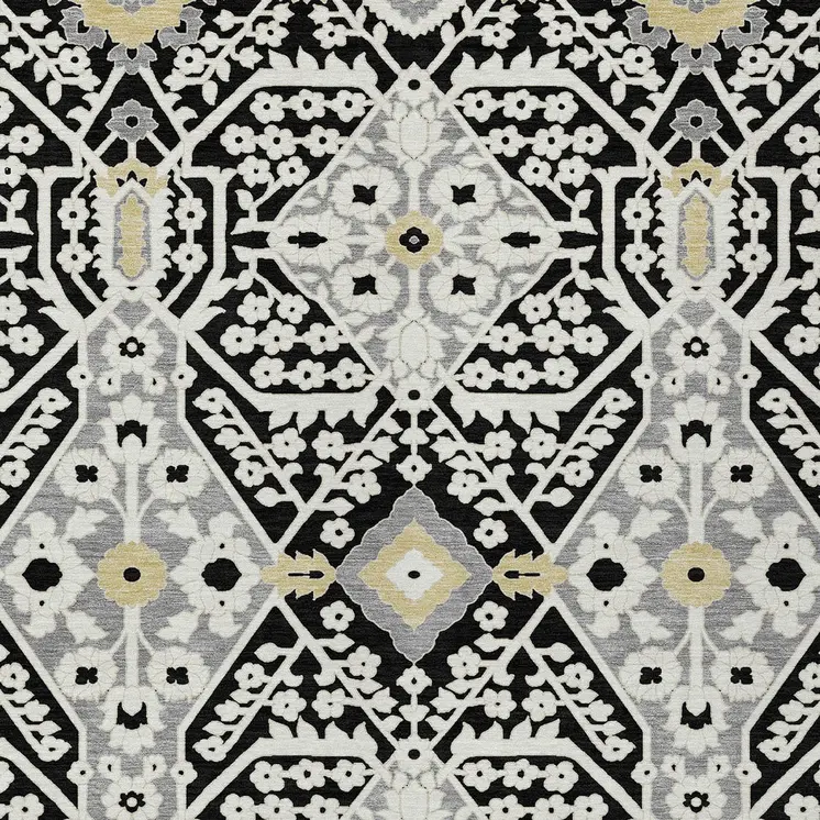 10' X 14' Black Gray And Gold Floral Washable Indoor Outdoor Area Rug