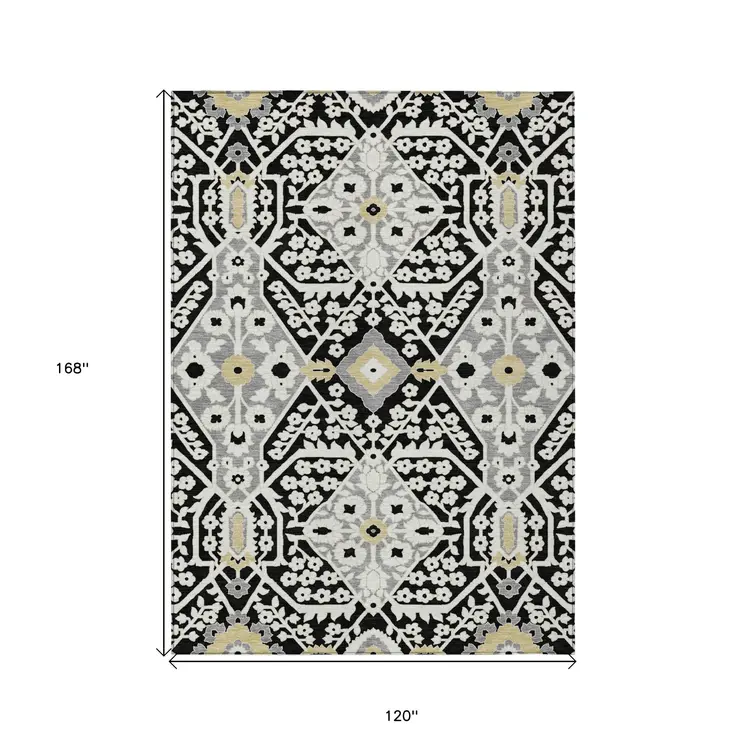10' X 14' Black Gray And Gold Floral Washable Indoor Outdoor Area Rug