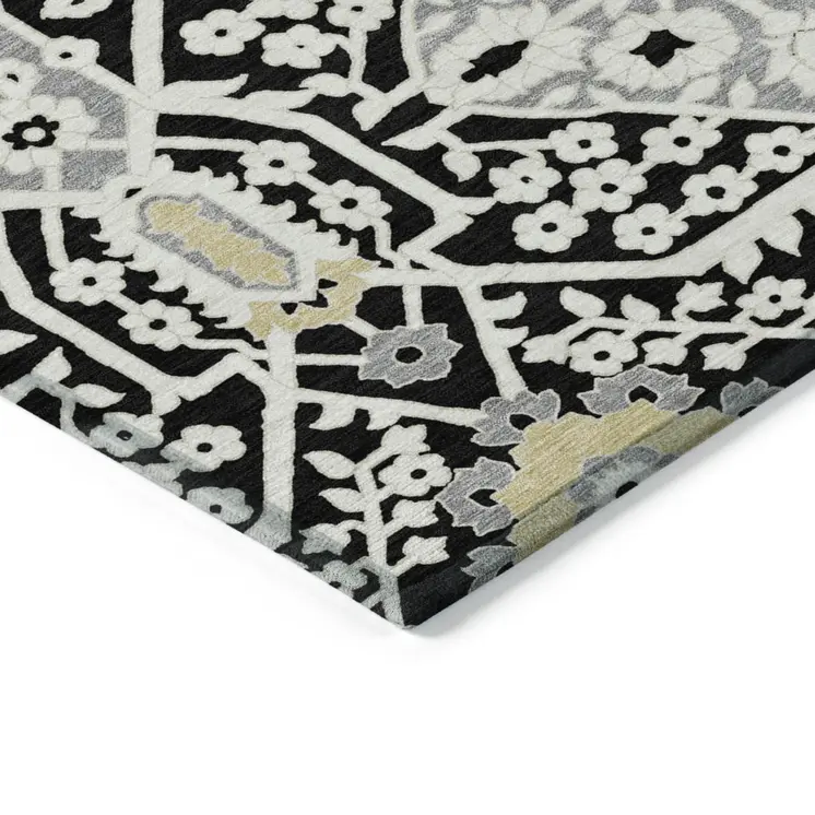 10' X 14' Black Gray And Gold Floral Washable Indoor Outdoor Area Rug